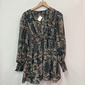 Reset Green and Gold Patterned Long Sleeve Dress Sz S